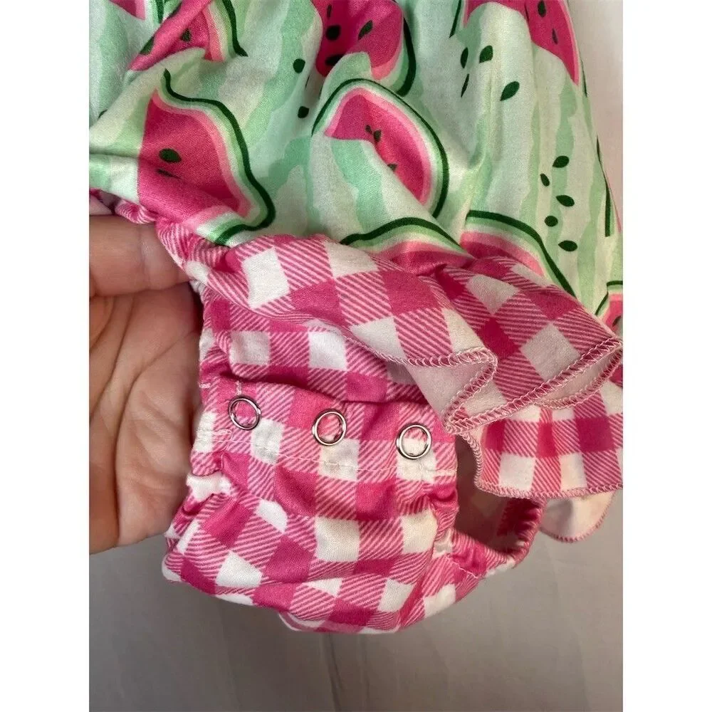 Baby Girl Watermelon Print Romper Dress Pink Gingham Ruffles Tie Straps